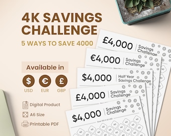 4K Savings Challenge: Reach Your 4000 Goal with our Money Save Challenge, Financial Saving & Budget Challenge Tracker for Money Management