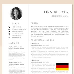 Peut inclure: Un CV en noir et blanc avec une photo d'une femme dans le coin supérieur gauche. Le CV est pour Lisa Becker, designer et chercheuse UX. Le CV comprend des coordonnées, un profil, une expérience professionnelle et une formation. Le CV est en allemand.