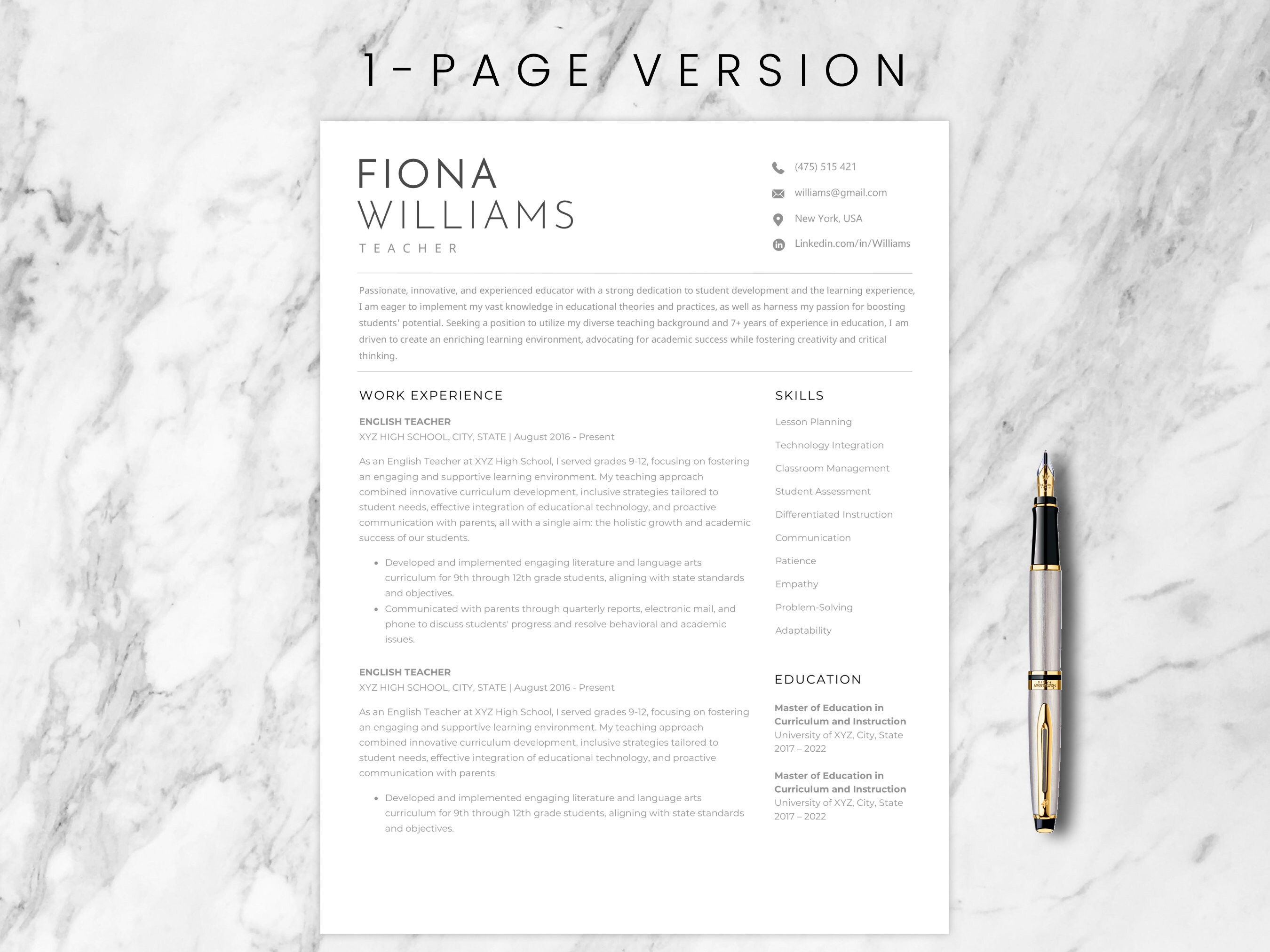 Minimalist, Clean, Modern CV Template Professional Executive, Teacher