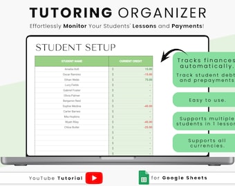 Tutoring Organizer & Lesson Planner | Tutoring Lesson Log and Tracker | Tutoring Schedule Sheet | Auto Calculates Finances Lessons Payments