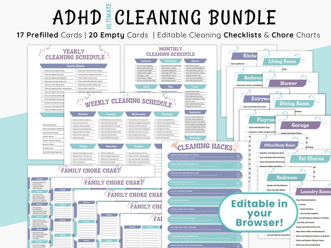 ADHD Cleaning Checklist Bundle | Editable Chore Chart | Adult & Kids ...