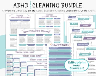 ADHD Cleaning Checklist Bundle |  Editable Chore Chart | Adult & Kids Cleaning Cards | Weekly Monthly Yearly Cleaning Planner Schedule List