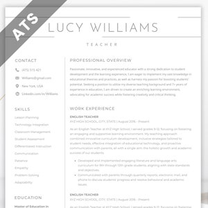 May include: A black and white resume template with the name Lucy Williams and the title Teacher. The resume includes contact information, skills, professional overview, work experience, and education.