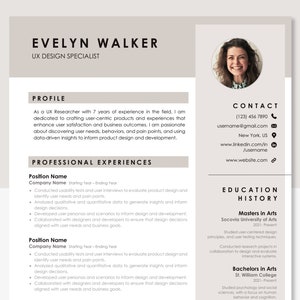 Puede incluir: Un currículum para Evelyn Walker, especialista en diseño UX. El currículum incluye su información de contacto, experiencia profesional e historial educativo. El currículum está diseñado con una estética moderna y limpia.