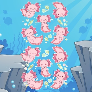 Axolotl Sticker Bundle of 10 | Cute Kawaii Axolotl Vinyl Stickers | Aesthetic Amphibian Sticker Pack for Laptop & Journal