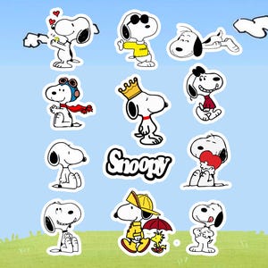 Snoopy Sticker Sheet | Cute Snoopy Vinyl Stickers Bundle of 12 | Waterproof Peanuts Aesthetic, nostalgic cartoons