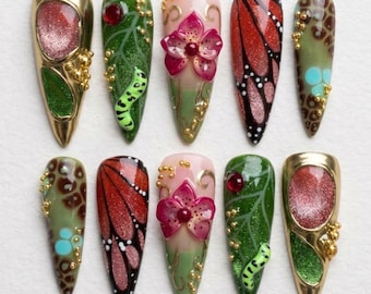 Butterfly Garden Press On Nails, Monarch Wing Nature Nails, Cute Caterpillar Flower Gold Detail Stiletto Nails, Handmade Nail Set