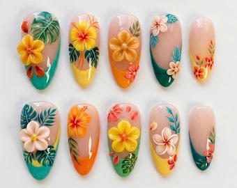 Summer Hibiscus Press On Nails, Bright Floral Tropical Nail Art, 3D Plumeria Handmade Gel Nails
