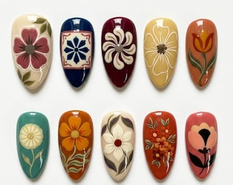 Retro Floral Press On Nails | Vintage Folk Art Fake Nails in Oval | Whimsical Mismatched Botanical Nail Set