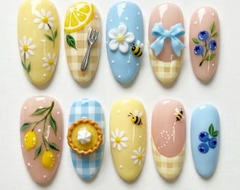 Lemon Blueberry Bee Press On Nails, Cute Daisy Floral Nail Art, 3D Bow Pie Nails, Gingham Picnic Spring Summer Oval Nails