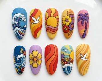 Retro Beach Press On Nails, Groovy Ocean Wave Nails, Tropical Sunset Palm Flower Seagull Summer Nail Art Set