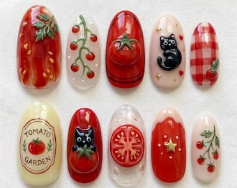 Tomato Garden Press On Nails, Cute Black Cat Cherry Nail Art, 3D Tomato Slice Nails, Red Gingham Summer Vintage Oval Nails