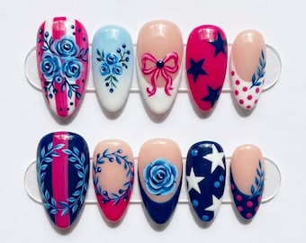 Patriotic Coquette Press On Nails, Pink Blue Rose Nails, Bow Star Polka Dot Cute Girly Nail Set