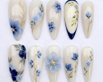 Blue Floral Press On Nails, Elegant Gold Line Art Nails, 3D Pearl Flower Nails, Vintage Ivory Botanical Almond Nails