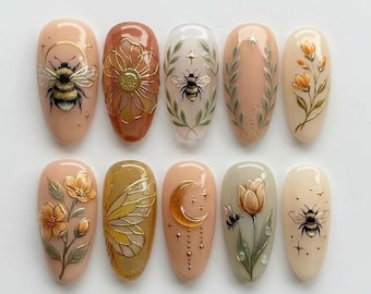 Honey Bee Press On Nails, Gold Line Art Floral Nails, Butterfly Wing Moon Star Nails, Spring Summer Botanical Almond Nails