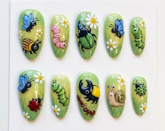 Handmade Garden Bug Press On Nails | Bee, Butterfly, Caterpillar, Beetle, Ladybug & Snail Design | Cute Kawaii Nature Nail Set