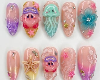 Handmade Kirby Beach Press On Nails | 3D Jellyfish, Starfish, Hibiscus & Bubble Art | Kawaii Summer Ocean Nail Set