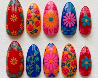 Boho Folk Art Press On Nails, Colorful Flower Nails, Retro Red Pink Blue Floral Handmade Nail Art Set