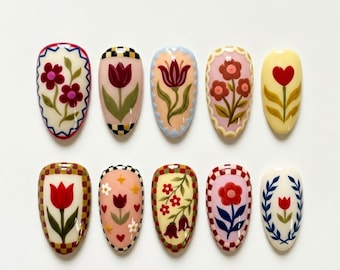 Retro Tulip & Folk Floral Press On Nails | Vintage Cottage Fake Nails in Oval | Whimsical Mismatched Garden Art
