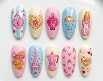 Coquette Paris Press On Nails, Pink Blue French Bakery Nails, Eiffel Tower Love Heart Croissant Nail Set