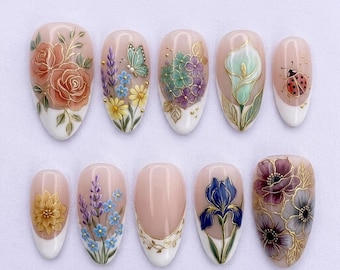 Handmade Romantic Garden Press On Nails | Rose, Hydrangea, Iris, Calla Lily & Ladybug Gold Line Art | Nails For Elegant Botanical Aesthetic