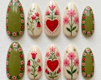 Folk Art Heart Press On Nails, Cottagecore Floral Nails, Red Pink Flower Vine Olive Green Garden Nail Art Set