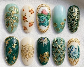 Handmade Bulbasaur Botanical Press On Nails | Gold Lotus, Ginkgo Leaf & Green Garden Art | Kawaii Fantasy Nail Set