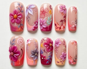 Handmade Romantic Floral Press On Nails | 3D Pink Flowers, Peach Nude Base & Leaf Swirl Art | Long Square Spring Nails