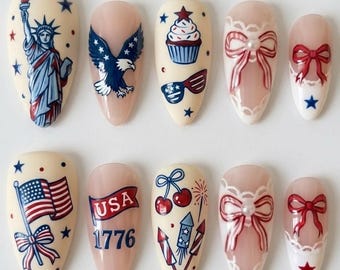 USA 250th Anniversary Press-on Nails, Cute Cartoon Almond Nails, 3D Liberty Eagle Flag Nails, Patriotic Festival Nails