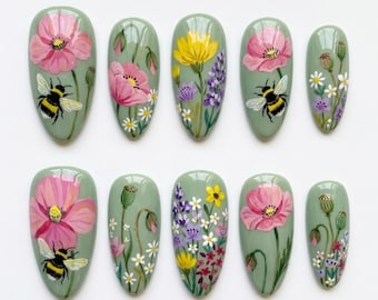 Handmade Bumblebee Wildflower Press On Nails | Pink Poppy, Meadow Flower & Bee Design | Cottage Spring Nail Set