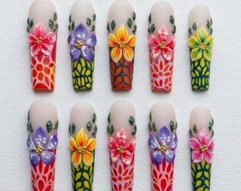 Summer Floral Press On Nails, 3D Hibiscus Flower Nails, Bright Tropical Leaf French Tip Nails, Handmade Nail Set