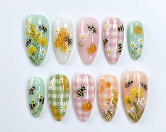Handmade Honey Bee Press On Nails | Dandelion, Daisy, Honey Drop & Gingham Art | Soft Spring Nail Set