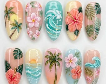 Handmade Tropical Hibiscus Press On Nails | Palm Tree, Ocean Wave, Plumeria Flower & Sunset Beach Design | Summer Vacation Nail Set