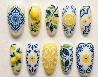 Lemon Tile Press On Nails, Italian Coastal Nails, Blue Yellow Floral Nails, 3D Citrus Botanical Nail Art Set