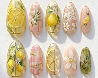 Lemon Blossom Press On Nails | Elegant Botanical Almond Nails | Citrus Flower Gold Line Art Nail | Soft Cottagecore Nail Set