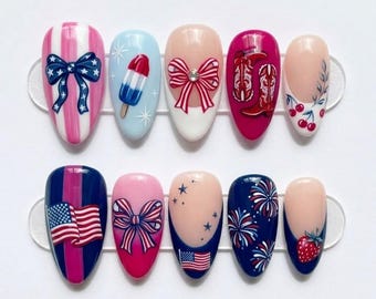 4th of July Press On Nails, Patriotic Western Nails, Red White Blue Bow Flag Firework Popsicle Cowboy Boots Nail Art Set