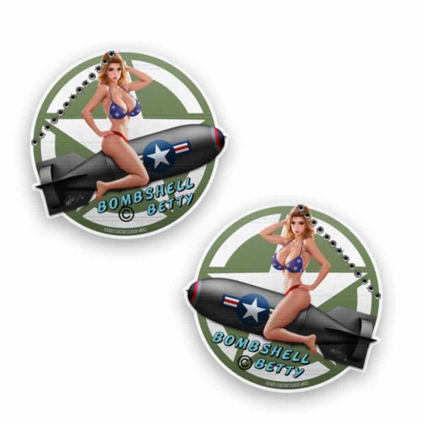 Bombshell Betty Pin-Up Bomber Vintage Sticker Sexy WW2 Nose Art Truck Window Decal 2 pack