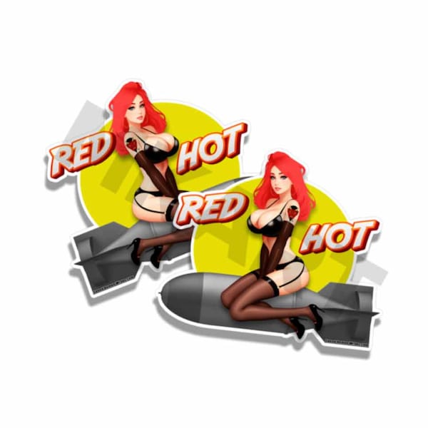 Red Hot Pin-Up Bomber Vintage Sticker Sexy WW2 Nose Art Truck Window Decal 2 pack