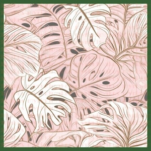 May include: A seamless pattern featuring pink and white tropical leaves with a gold outline. The leaves are arranged in a random pattern and overlap each other. The background is a light green colour.
