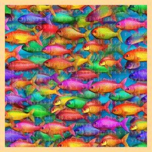May include: A vibrant pattern of colorful fish swimming in a blue background. The fish are all different colors, including red, orange, yellow, green, blue, purple, and pink.