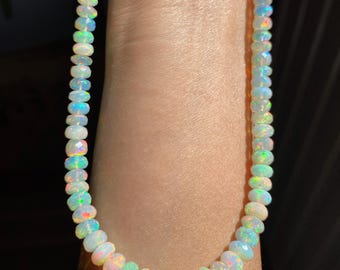 TOP! Grade White Opal Necklace 46.2cm 85ct 5.3-6.8mm Ethiopian WELO opal faceted rondelle beaded necklace, gemstone jewelry gift for her