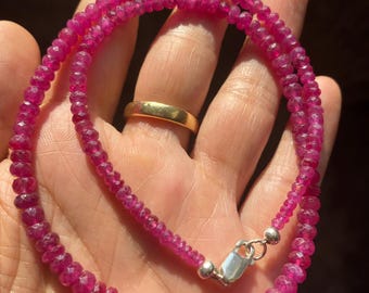 Deep Rose Pink Ruby Necklace, Genuine Faceted Ruby Beads 3–7mm, 43.3 cm (17"), Handmade Gemstone Necklace, 925 Sterling Silver Clasp
