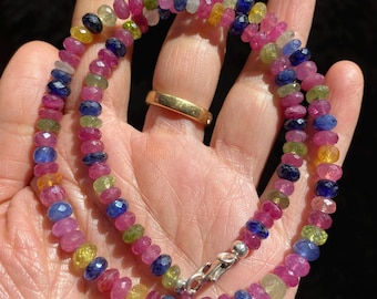 Natural Multi-color Sapphire Necklace - Big 5-6.5mm Faceted Beads 44cm Long, Natural Pink Blue Yellow White Green Sapphire Necklace