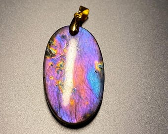 Strong Glow Purple Labradorite Pear Pendant- 925 Sterling Silver Bail, Medium Size 47mm Long Oval Pendant, Handmade Gift