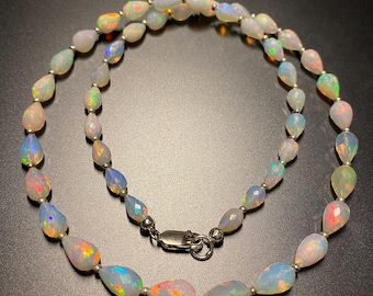 TOP Grade White Opal Teardrop Necklace 50.6cm long , rainbow flashy white opal necklace, ethiopian Welo opal,  october birthstone