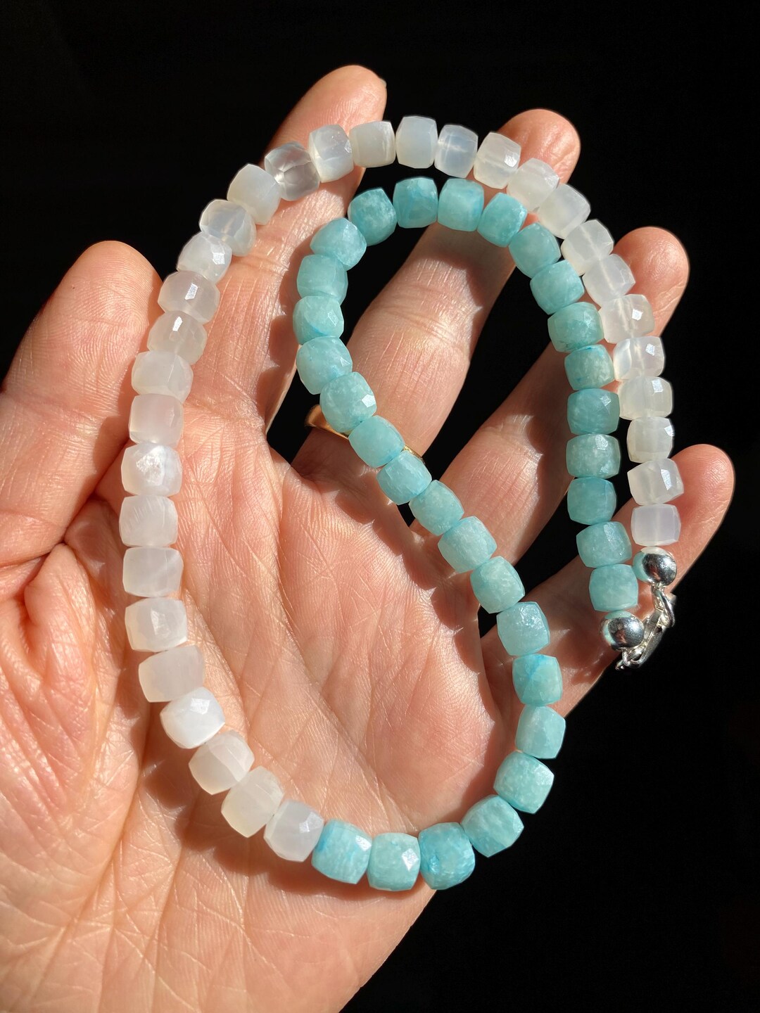 Gemstone Neclace Amazonite and White Moonstone Cube Bead Necklace 44cm ...