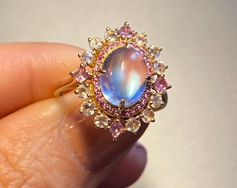Solid 18K Gold Moonstone Ring with Srong Blue Glow flawless and clean moonstone, and pink sapphire, precious gemstone jewelry