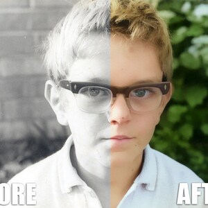 May include: A split image showing a young person wearing glasses. The left side of the image is in black and white, while the right side is in color. The image is labeled "BEFORE" and "AFTER".