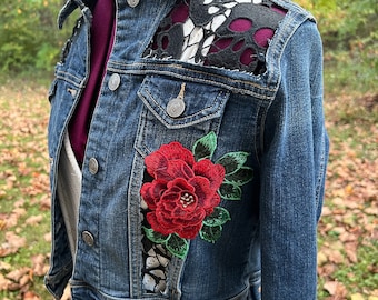 Denim jacket- Upcycled denim jacket, skull clothing, handmade, Halloween, denim jacket