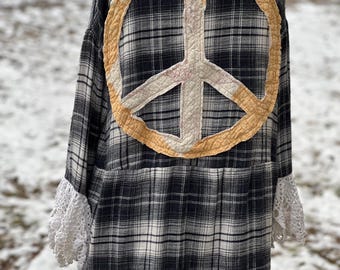 Vintage-Inspired Upcycled Flannel with Quilted Peace Sign & Lace Sleeves